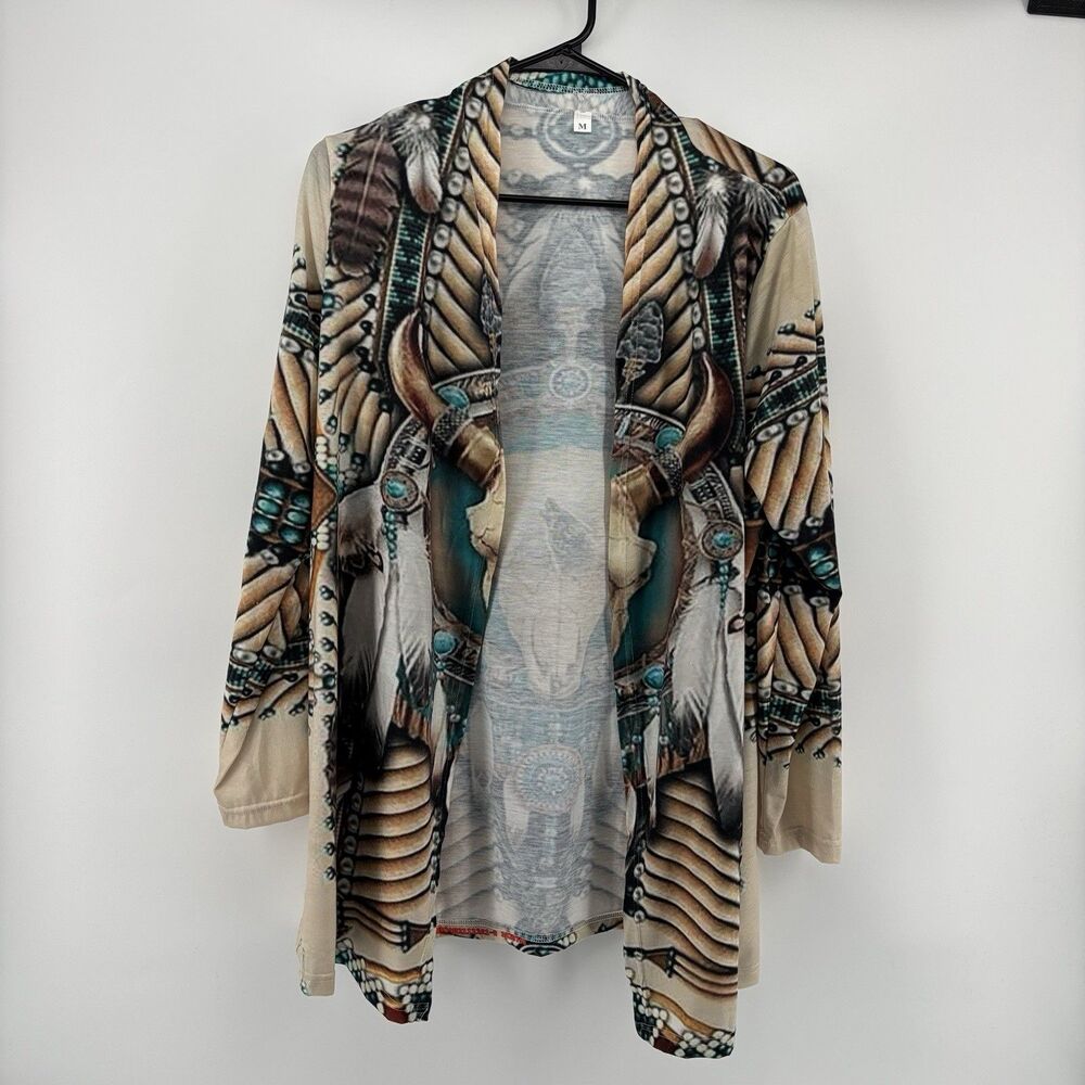 Women’s Western Skull Feather Turquoise Print Open Front Kimono Cardigan M